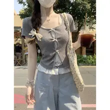 夏用 韓国風 バイカラー レース リボンデザイン ボックスネック 半袖Tシャツ（セットアップ対応）