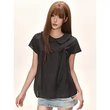チェック柄リボン付きボディコンシャツ【夏用・半袖・ルーズフィット】