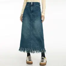 トレンドデザインのフリンジ付きデニムスカート【ハイウエスト・スリット・軽やかな長さ】