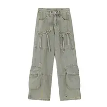 サスペンダー付き ビンテージデザイン ウエストリブ デニムワイドパンツ【多ポケット・ストレートシルエット】（セットアップ対応）