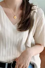 夏用 薄手のアイスシルクTシャツ【ストライプ・Vネック・ゆったりサイズ】