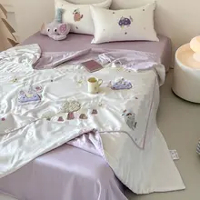 かわいい象刺繍のシルクライク夏用エアコンブランケット【洗濯機対応・四点セット（セットアップ対応）】