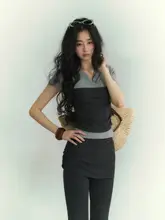 Vネックショート袖トップス【スカート付き・パンツ・ドレープデザイン】（セットアップ対応）