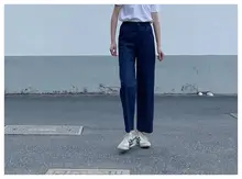 高品質な女性用ハイウエストストレートパンツ【深藍色・9分丈・シンプルデザイン】