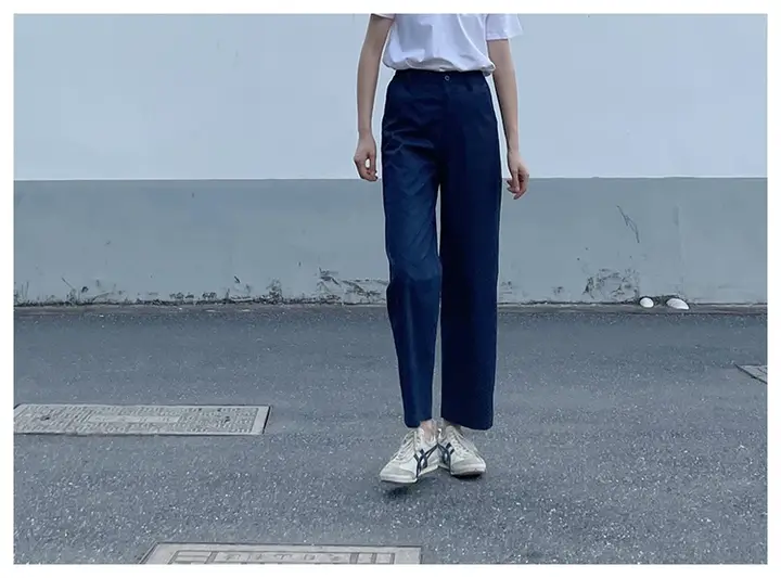 高品質な女性用ハイウエストストレートパンツ【深藍色・9分丈・シンプルデザイン】
