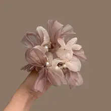 華やかなレースのリボンパールヘアゴム【ダイヤモンド装飾・オーガンジー使用】