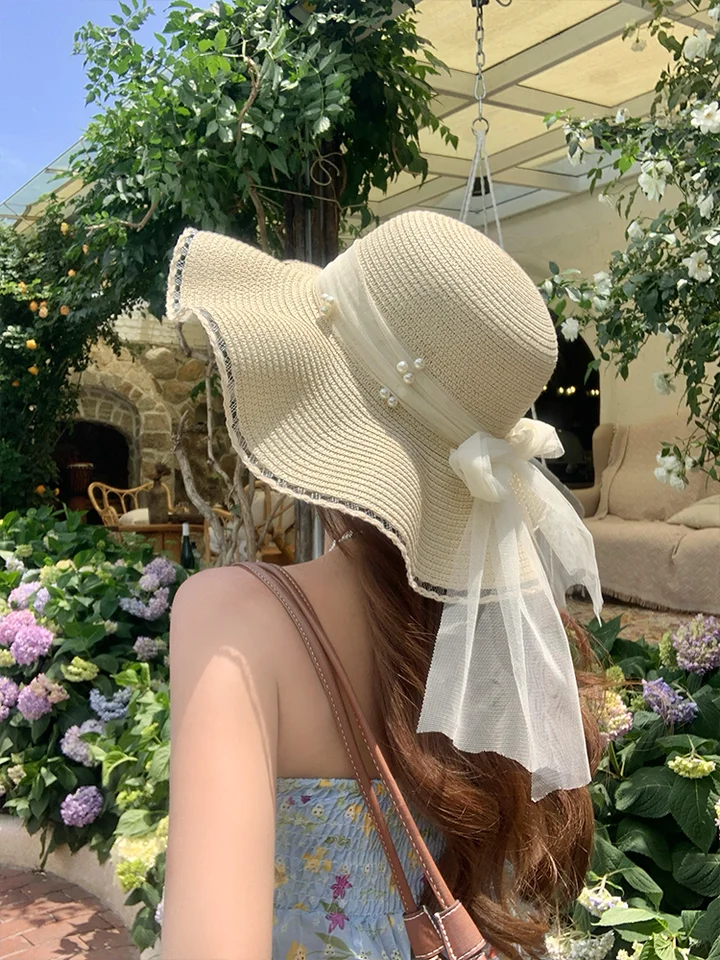 波浪縁レースパールリボン付き夏季女性用ハット【日除け対策・広帽つばデザイン】