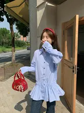 デザイン性のある青いストライプの長袖シャツ【ウエストゴム・女性用・秋用】