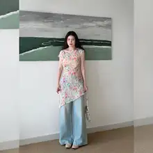 高級感あるフラワープリントブラウス【春季・不規則な裾・スリムフィット・キャミソールドレス】