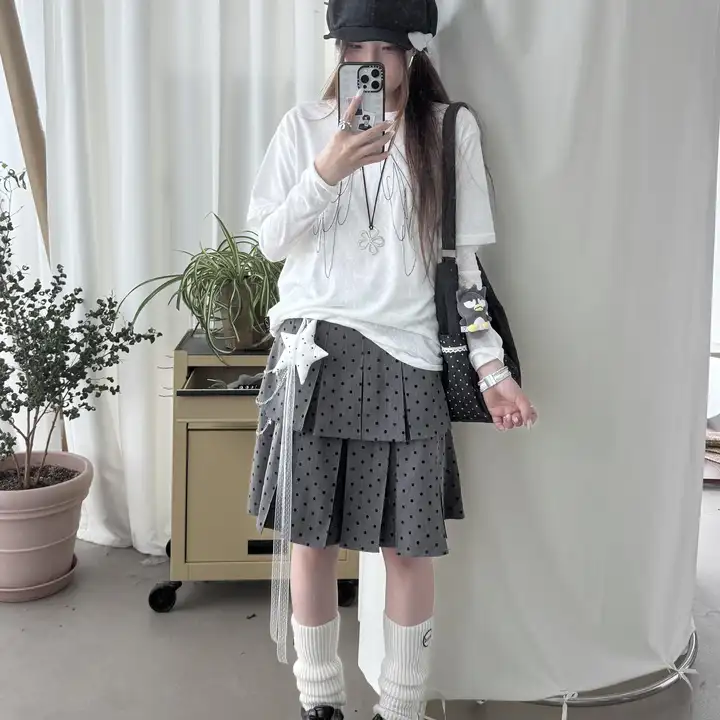 グレー系 フェルトドットプリーツスカート【Aライン・春秋用・重工デザイン】（セットアップ対応）
