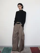 VanessaLab 低腰デザイン カーキ色 ワイドレッグパンツ【フィット・カジュアル用】