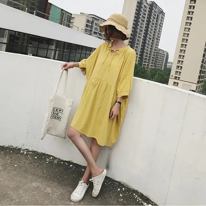 夏用 大きいサイズの短袖リボン付きコットンリネンワンピース【ルーズフィット・中長丈】（セットアップ対応）