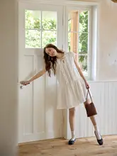 ワンピース レディース フレンチ風 ヴィンテージ ショート丈 Vネック フリル 刺繍 ホワイト Aライン ドルマンスリーブ「ORWhite」