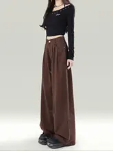 深いコーヒーカラーのハイウエストワイドレッグデニムパンツ【秋冬用・ストレート・フィット・丈長】