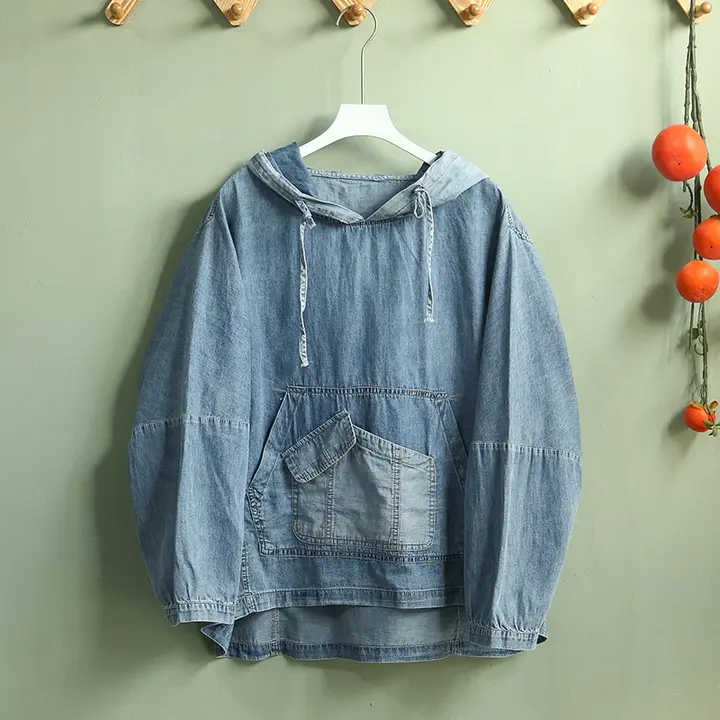 ヴィンテージ風オーバーサイズデニムシャツ【フード付き・カジュアル長袖・ポケットデザイン】（セットアップ対応）