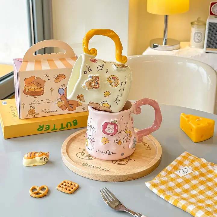 可愛いデザインの陶器製マグカップ【オフィス用・ミルクコーヒー・グラノーラ対応】