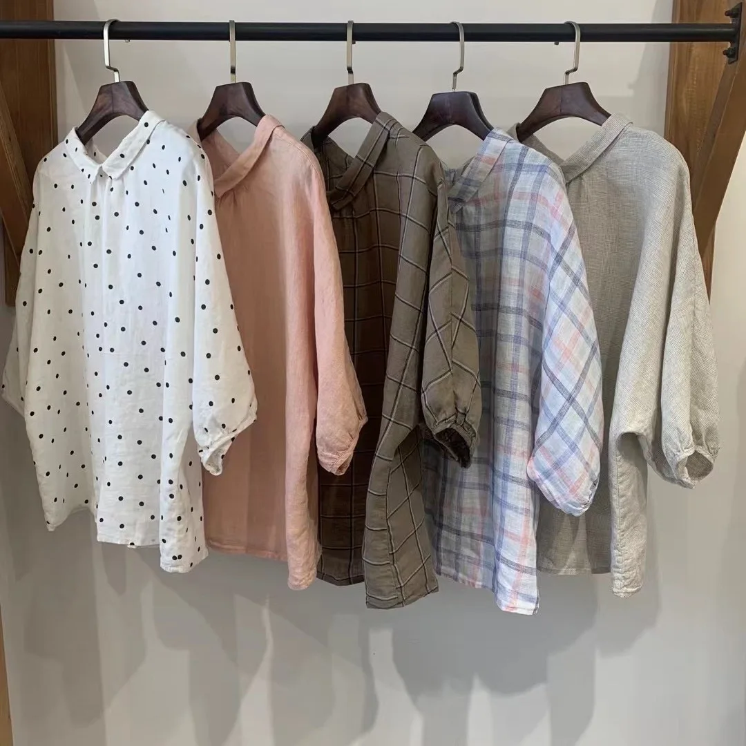 リバーシブルリネンクリーニングシャツ【女性用・夏用・五分袖・ゆったりシルエット】 大人可愛い服 50代コーデに最適なアイテム