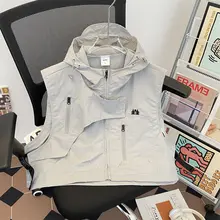 アウトドア用 メンズフード付き短丈ワークベスト【アメリカンミリタリー風・ノースリーブ・ワイドフィット】