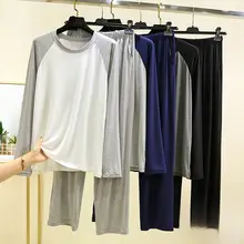 モダール製 メンズ長袖パジャマ【春夏用・シンプル・カジュアル・外出可・パンツ付き】（セットアップ対応）