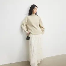 Annata 半高ネックレース裾ニットトップス【春秋用・杏色・女性用】