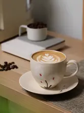 手描きデザインのコーヒーカップ＆ソーサー【陶器・アフタヌーンティー用・贈り物に最適】（セットアップ対応）