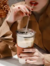 ガラスカップ ストロー付きカップ フタ付き 持ち運び可能 高温耐性 熱防止 冷抽出コーヒーカップ 水カップ