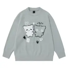 猫の刺繍入りラウンドネックニットセーター【秋冬用・ユニセックス・ルーズフィット】（セットアップ対応）