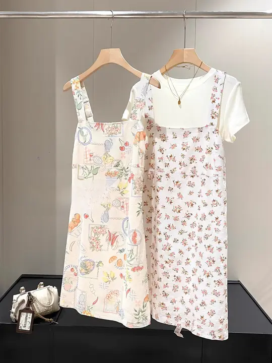 春夏用リネンコットン柄キャミソールワンピース【田園風・女性用】