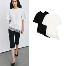 春季新作 レディース タイトフィット ラウンドネックショートスリーブレース装飾 アシンメトリック裾Tシャツ