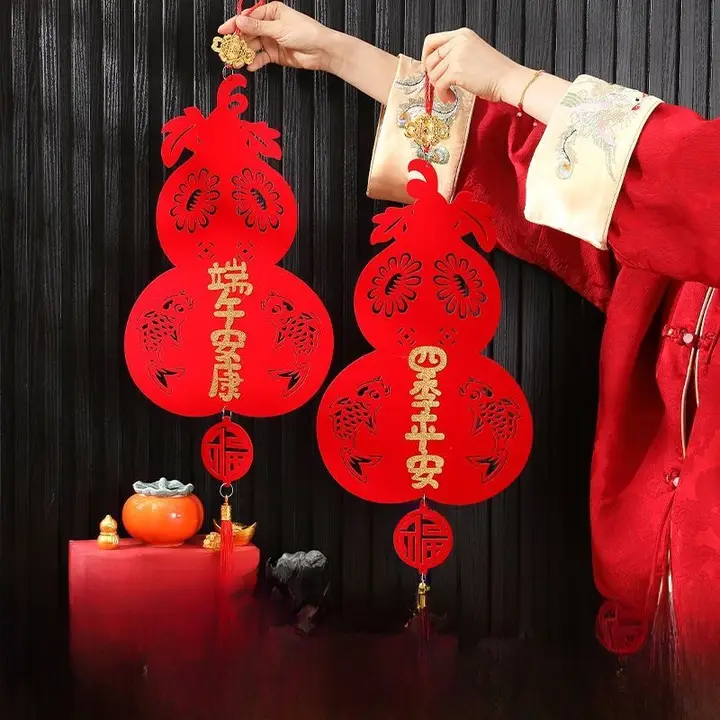 伝統的な福字付き装飾ひょうたん型ランプ【大赤色・祭り用・壁掛け飾り】
