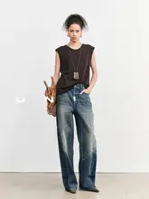 配色ウォッシュ加工デニムストレートパンツ【ひび割れ・ダメージ加工・スリムシルエット】
