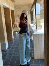 ヴィンテージスタイル サイドダイヤモンド付きワイドレッグデニムパンツ【夏用・ハイウエスト・小柄対応】