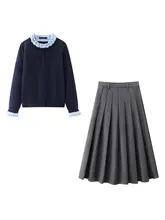 春の学院風 女性用 フリル付きニットトップスとプリーツスカート（セットアップ対応）