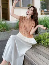 橙色花苞染めの旗袍上衣と半身スカート【夏用・軽やかな国風デザイン・セットアップ対応】