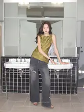 モリン ルーズフィット ダメージデニムパンツ【ローウエスト・カジュアルスタイル・ストレート】