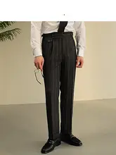 スラックス メンズ ストライプ ダークグレー ナポリ風 ハイウエスト スリムフィット 形態安定 ビジネス カジュアル 秋「PAPER」