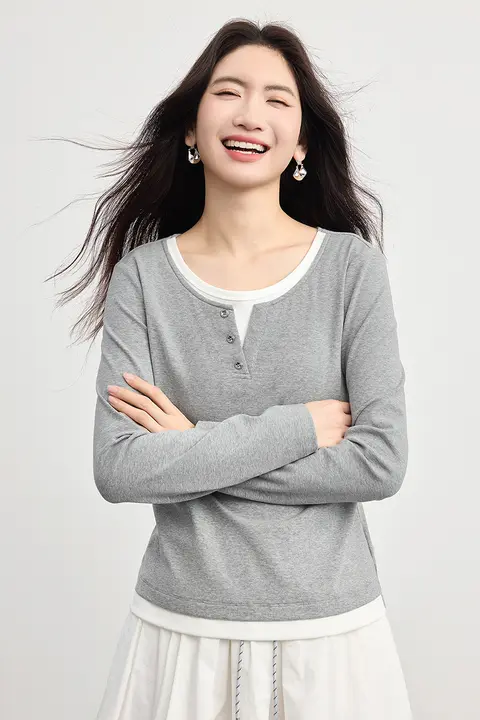 長袖Tシャツ レディース フェイクレイヤード 丸首 カラーブロック インナー 春物 トップス