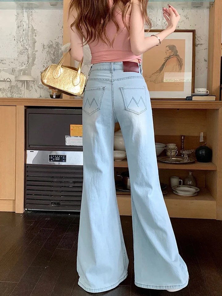 浅色の刺繍入りハイウエストワイドシルエットデニムパンツ【女性用・夏用・極上の柔らかさ・ゆったりとしたデザイン】