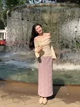 フランス風レースハイウエストスカート【ピンク・ストレート・花柄】