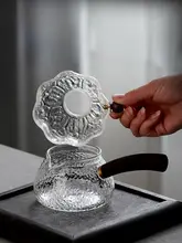 ステンレスフィルター付き ガラス製茶器【側持ち・高級木製ハンドル・中国茶道用】