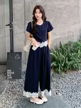 バイカラー レース切替 短袖トップス&ワイドパンツ【天絲・リネン素材】（セットアップ対応）