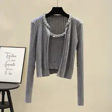 ビーズとリボンデザインの毛ニットカーディガン＆キャミソール【秋冬用・短丈】（セットアップ対応）