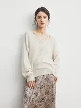 Annata アンバー色 Vネックレースボーダーセーター【女性用・春秋・ルーズフィット】