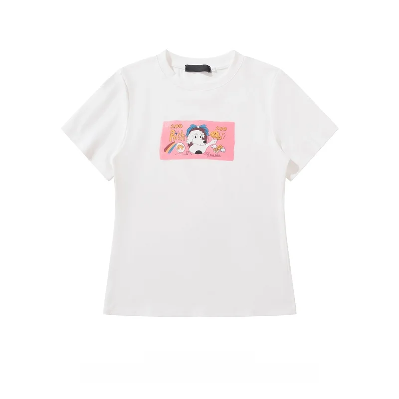 レトロな犬プリントのラウンドネック半袖Tシャツ【女性用・夏用・スリムフィット】