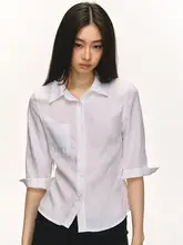 高級感あるデザイン！麻素材の中袖ブラウス【女性用・ウエスト絞り・白色】