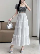 白色レーストリムAラインスカート【高腰・フレア・中長丈・夏用】