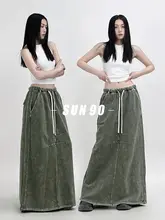 SUN90 レディースヴィンテージ風ストリートスタイルロングスカート【ウエストゴム・ドローストリング・ウォッシュ加工】