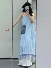 エレガントなブルーのキャミソールワンピース【夏用・リゾートスタイル・ロング丈】