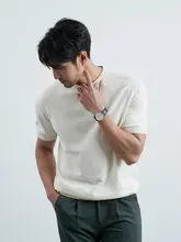 夏用 紳士向け 高級感のあるコットンビジネスカジュアル 半袖Tシャツ【黒・クルーネック・コットンニット】