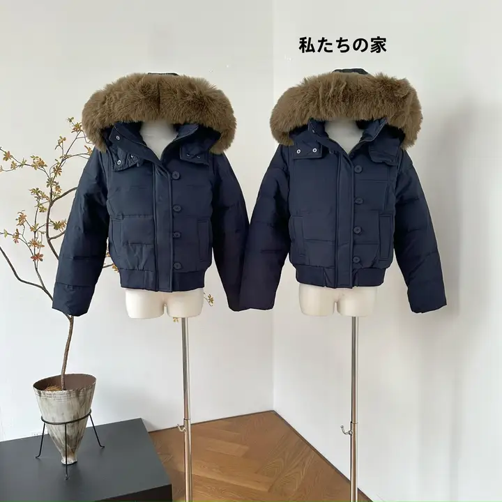 女性用 ダークブルーコットンジャケット【毛襟・秋冬用・ショートダウン】